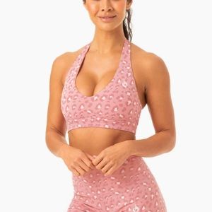 Ryderwear hybrid halter sports bra pink leopard small